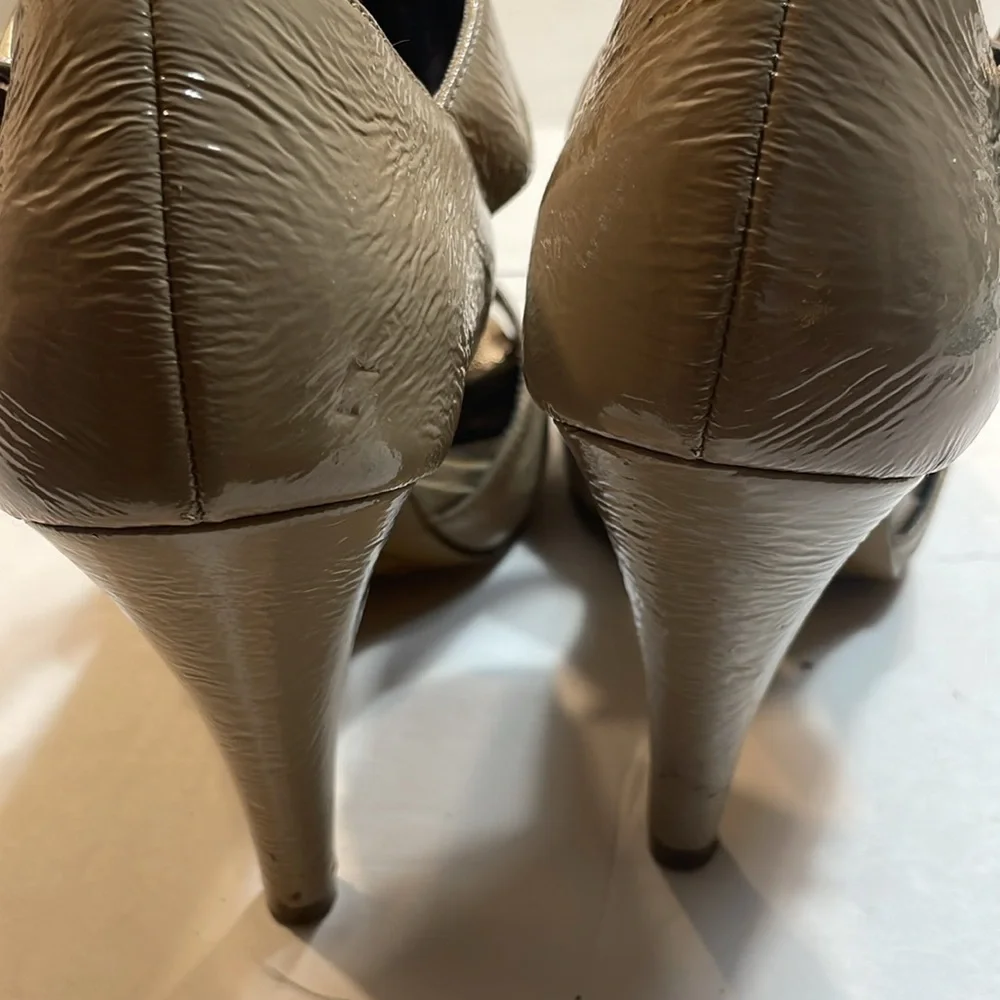 Candies Primp T-strap Nude Patent Platform Party heels size 7
